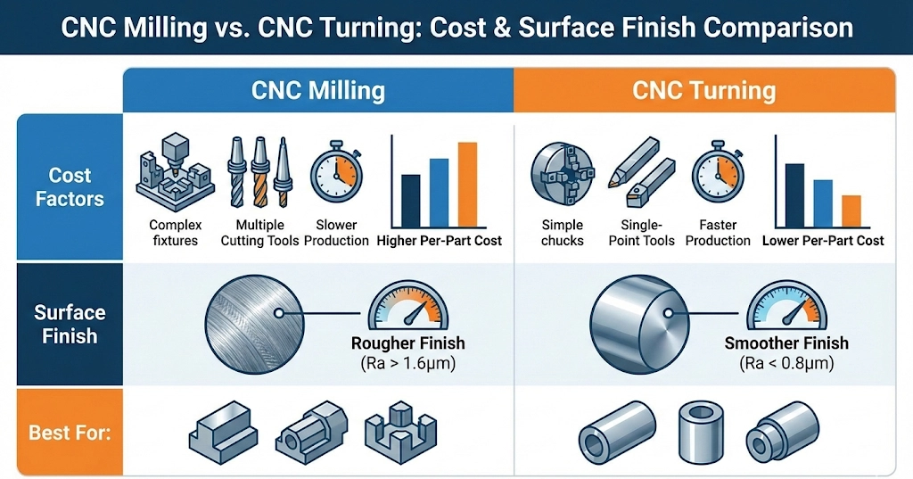 A comparison chart highlighting the cost and surface finish differences between CNC milling and CNC turning processes.
