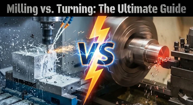 Split screen comparison of CNC milling process versus CNC turning process with metal chips flying.
