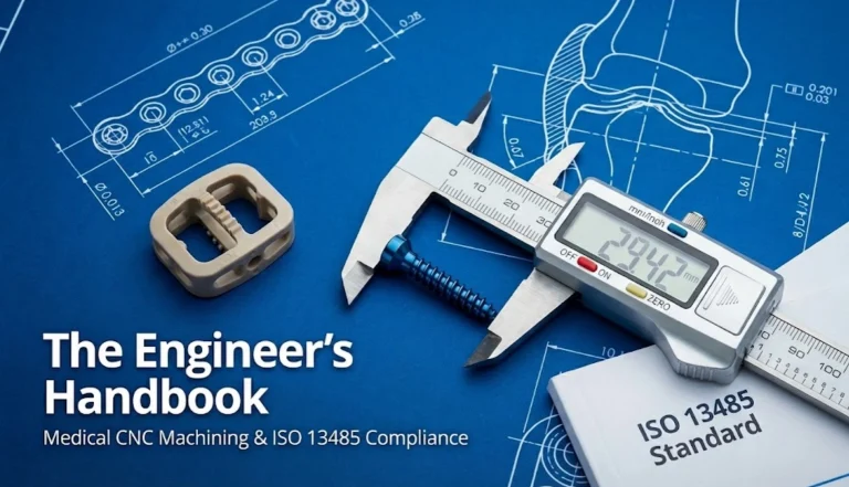 Engineer's handbook concept for medical CNC machining featuring titanium implants and PEEK parts on technical blueprints.