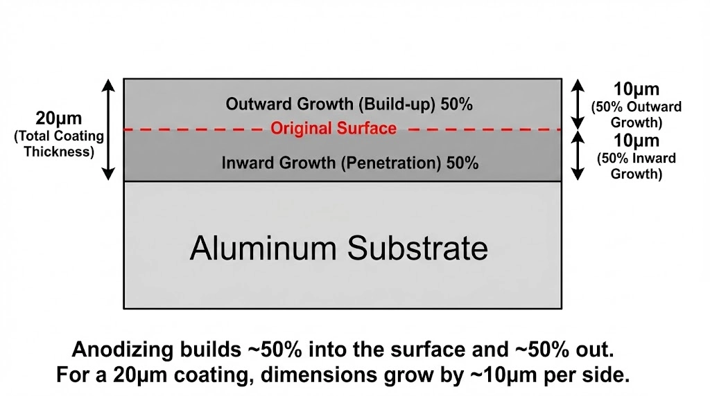 Technical cross-section diagram illustrating aluminum anodizing layer growth, showing that approximately 50% penetrates the substrate and 50% builds outwards, impacting dimensional tolerances.