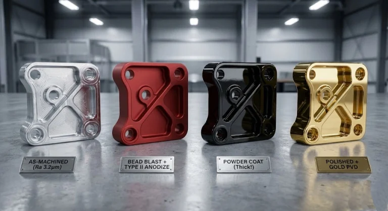 Comparison of CNC surface finishes on the same part: As-machined, Red Anodized, Black Powder Coated, and Gold PVD.