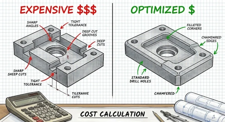 Comparison of expensive vs optimized CNC part design highlighting DFM cost reduction features like corner radii and tolerances.