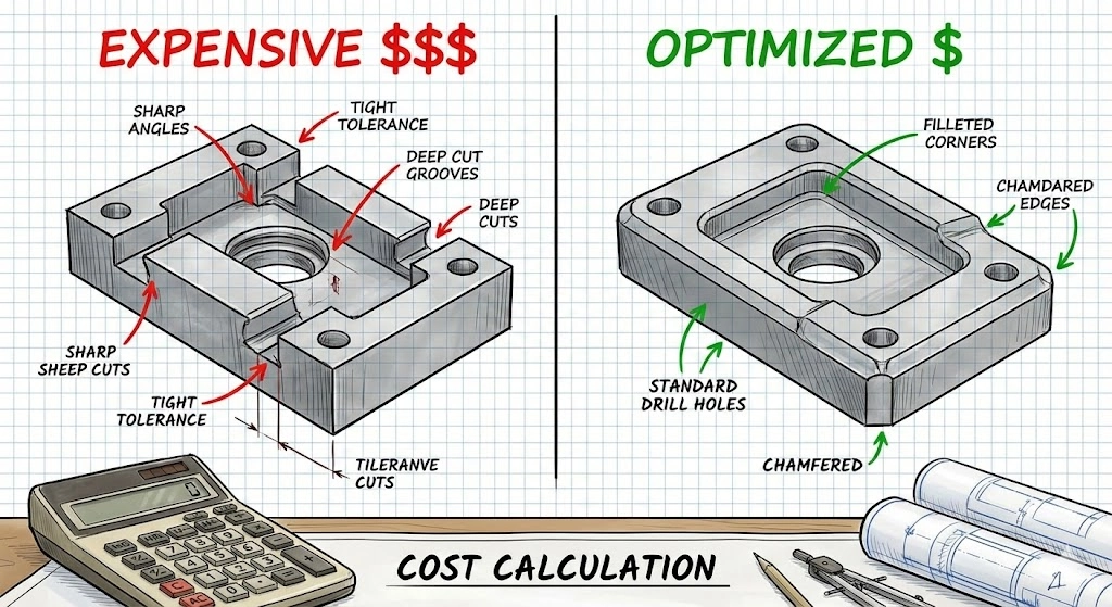 Comparison of expensive vs optimized CNC part design highlighting DFM cost reduction features like corner radii and tolerances.
