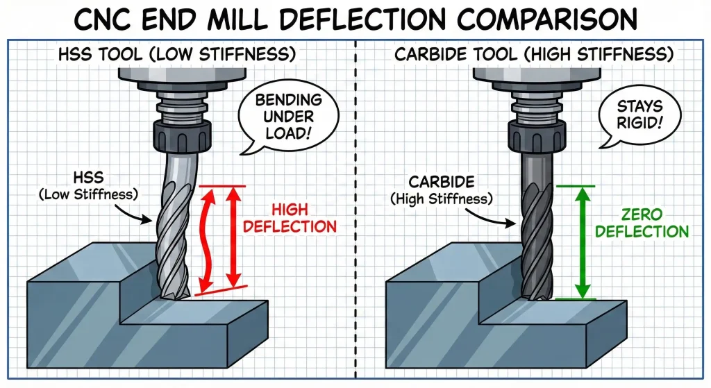 Comparison of CNC tool deflection. High Speed Steel tool bends under load due to low modulus, while Carbide tool stays rigid due to high modulus.