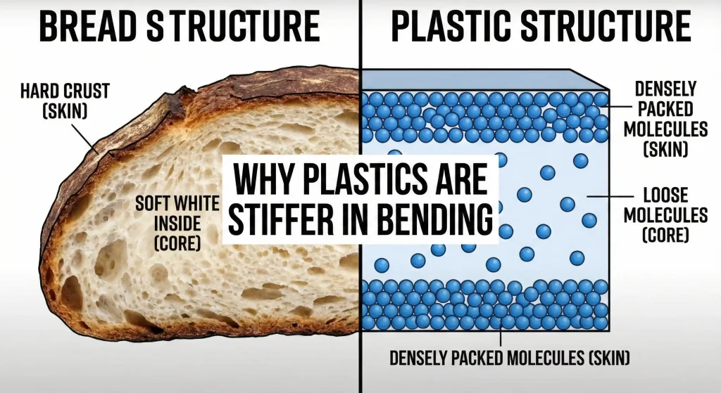 Comparison of bread crust and injection molded plastic skin effect, explaining why flexural modulus is higher than tensile modulus.