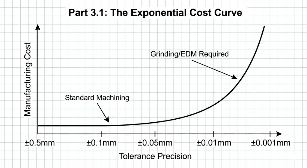 Graph illustrating the exponential relationship between tighter machining tolerances and manufacturing costs.