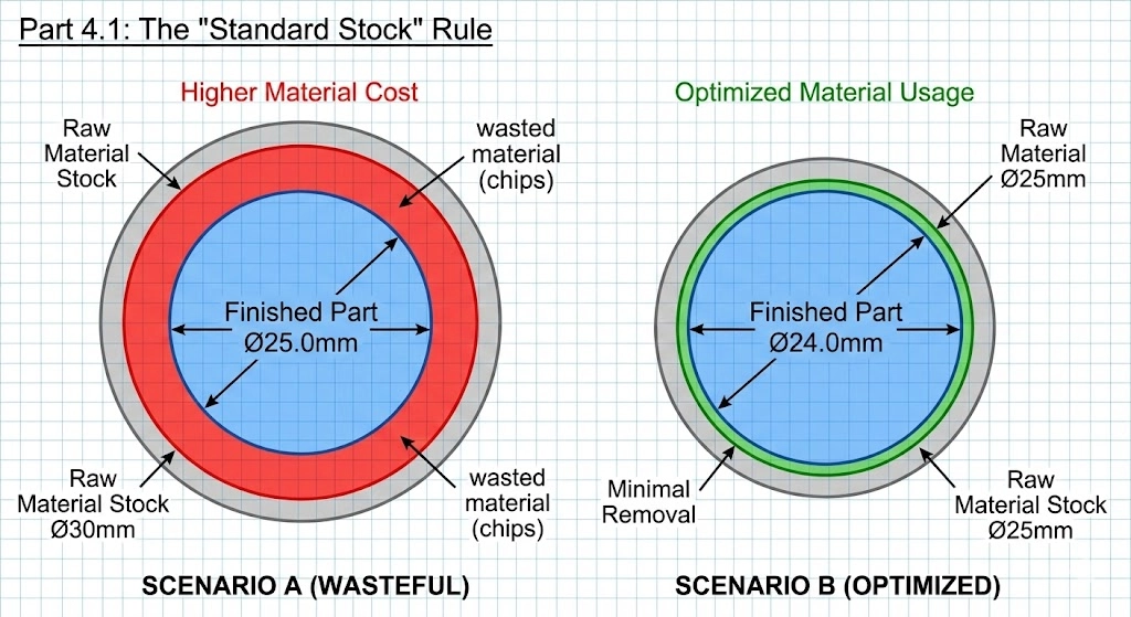 Illustration showing material waste when designing parts that don't fit standard bar stock sizes.