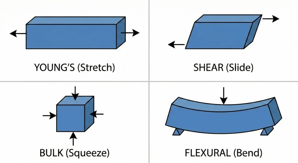 Illustration showing the difference between four types of elastic modulus deformation: Young's modulus (tensile), Shear modulus (sliding), Bulk modulus (compression), and Flexural modulus (bending).