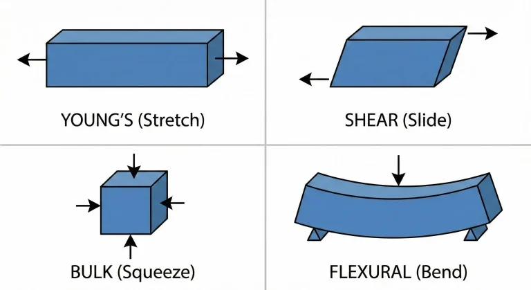 Illustration showing the difference between four types of elastic modulus deformation: Young's modulus (tensile), Shear modulus (sliding), Bulk modulus (compression), and Flexural modulus (bending).